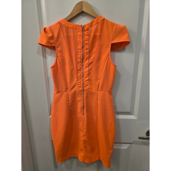 Dotti Coral Orange Mini Dress with Puff Sleeves and Tulip Hem - Picture 3 of 8